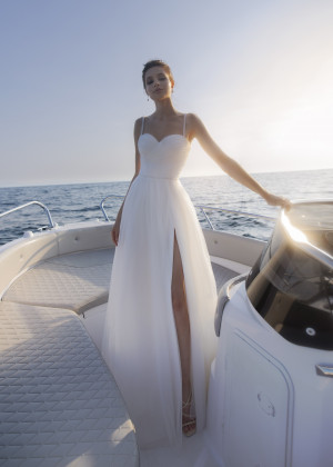 Beaded Ivory Ruched Tulle Glitter Slit Beach Wedding Dress